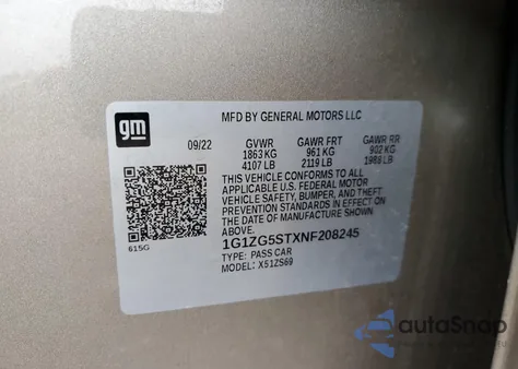 2022 Chevrolet Malibu Rs из США, поврежденный, VIN 1G1ZG5STXNF208245